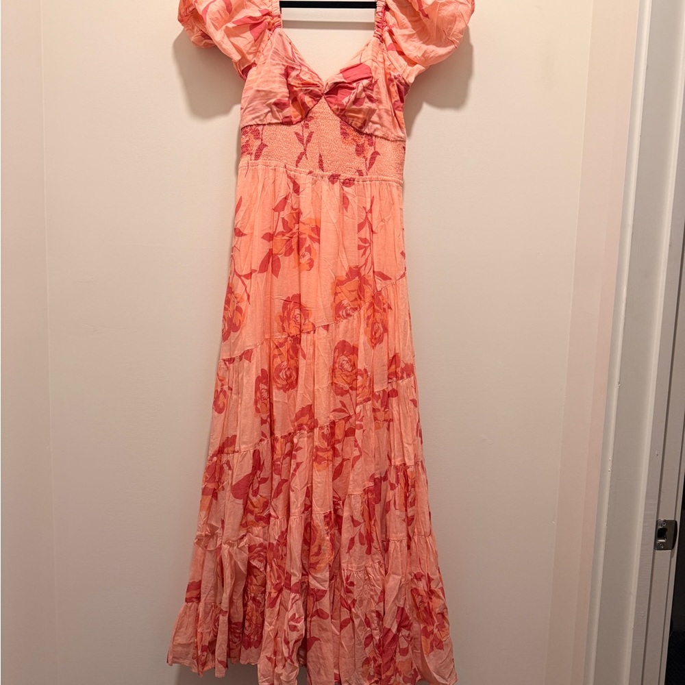 Floral Pink Maxi Dress with Puff Sleeves